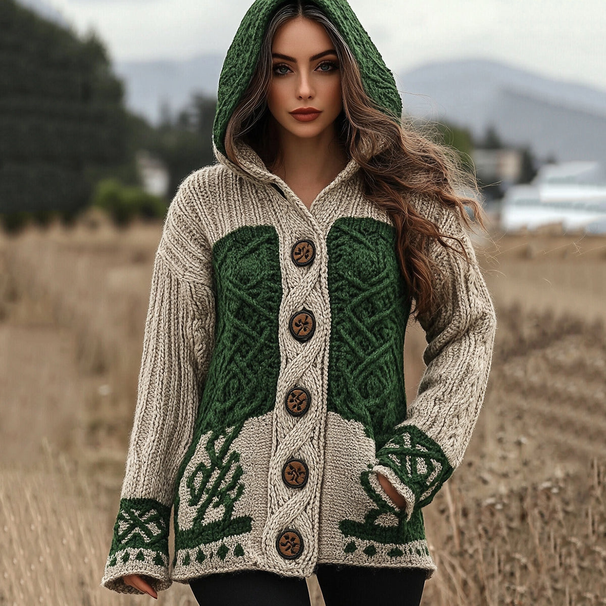 Women's Irish Celtic Jacquard Hooded Button Up Cardigan Sweater elevenforest