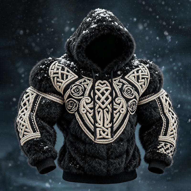 Men's Viking Tribal Jacquard Celtic Muscle Line Inspired Art Plush Warm Hoodie