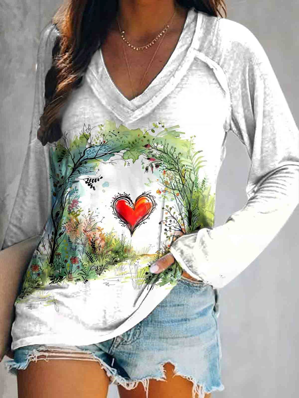 Women's Botanical Heart Art Print V-Neck Long Sleeve Top