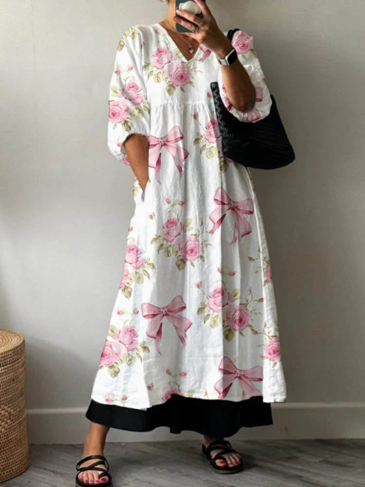 Women's Artistic Rose Holiday Floral Pattern Cotton Dress