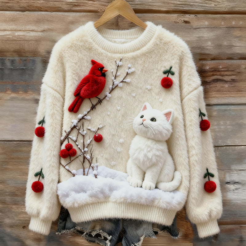 Women's Christmas Robin And Cat Plush Sweater