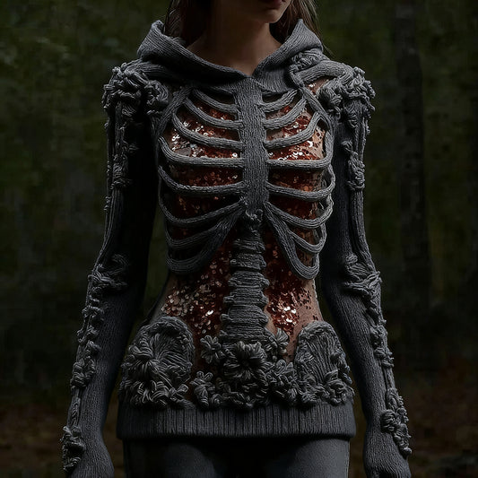 Halloween Skull Floral Knitted Warm Hooded Sweater artswardrobe