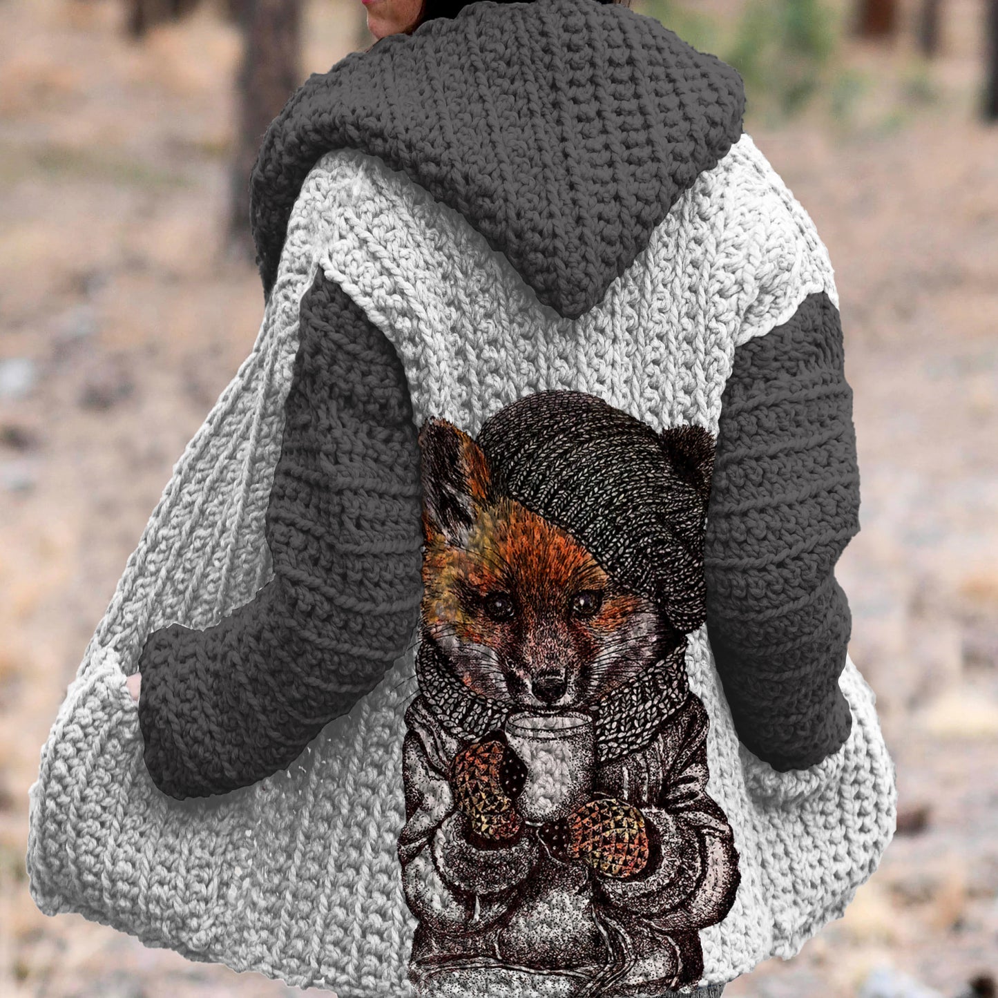 Fall Fox Coffee Autumn Art Cozy Knit Hooded Cardigan artswardrobe