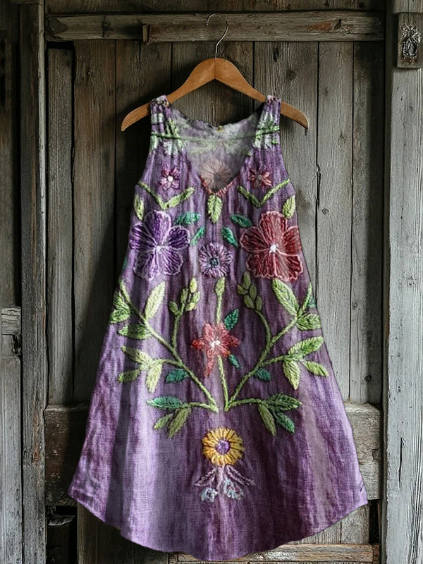 Women's Vintage Ethnic Floral Art Print V-neck Pocket Cotton Dress