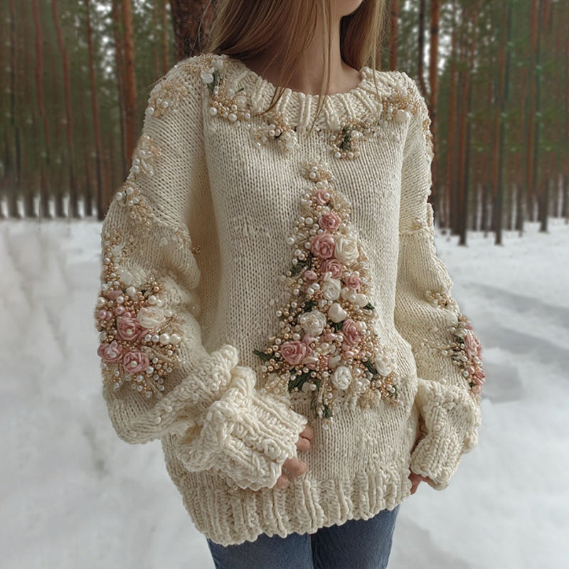 Women's Pearl & Rose Christmas Tree Art Crew Neck Sweater artswardrobe