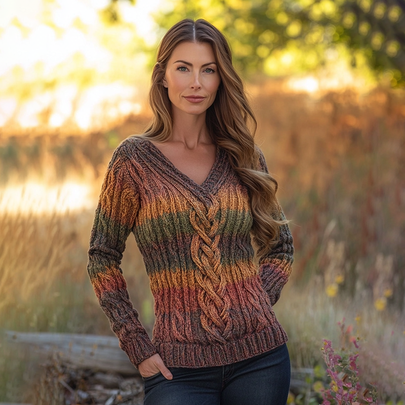 Vintage Rainbow V-neck Knitted Jacquard Irish Aran Sweater artswardrobe