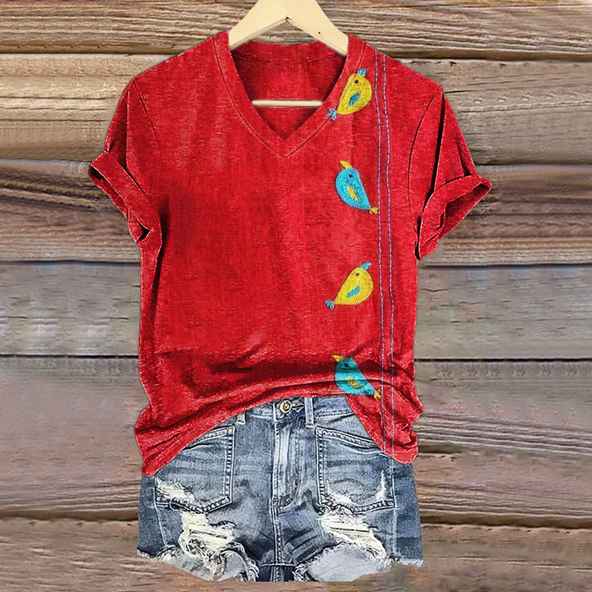 Women's Bohemian Bird Art Print V-neck Casual T-Shirt