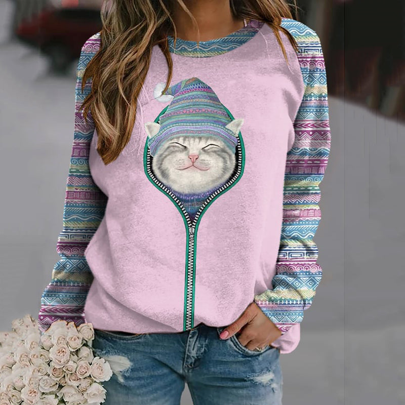 Women's Cat Print Crew Neck Sweatshirt elevenforest