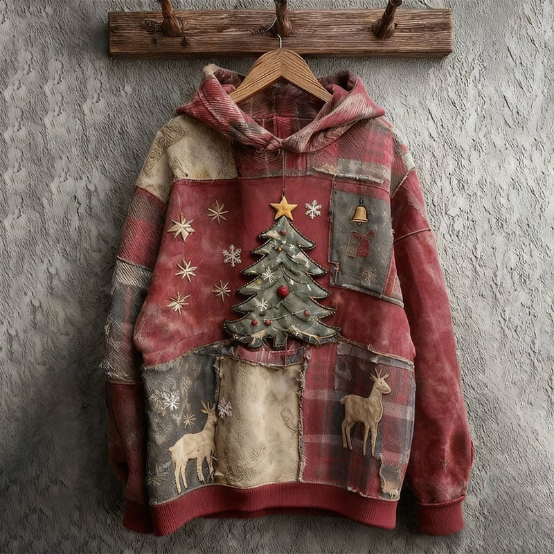 Comstylish Women's Vintage Christmas Tree Print Long Sleeve Hoodie