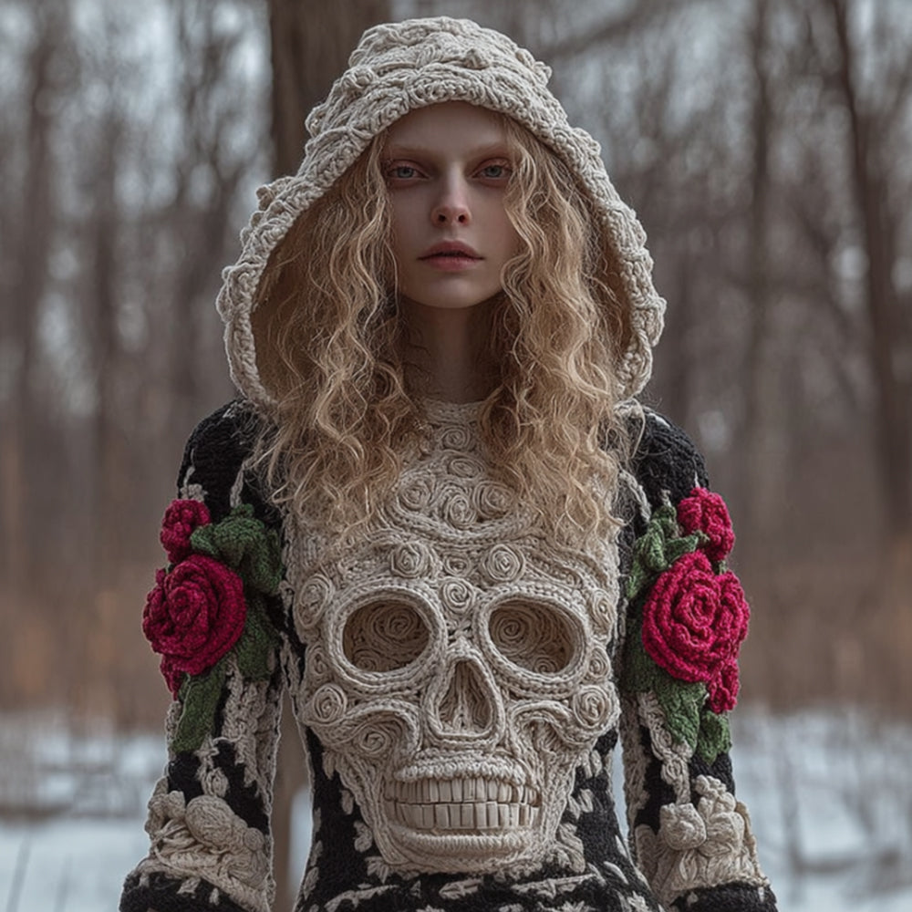 Women Halloween Vintage Scarlet Rose White Skull Crochet Hooded Sweater artswardrobe