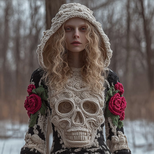 Women Halloween Vintage Scarlet Rose White Skull Crochet Hooded Sweater artswardrobe