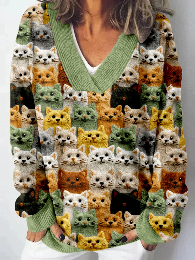 Comstylish Colorful Cute Cats Embroidered Cozy Knit Sweater