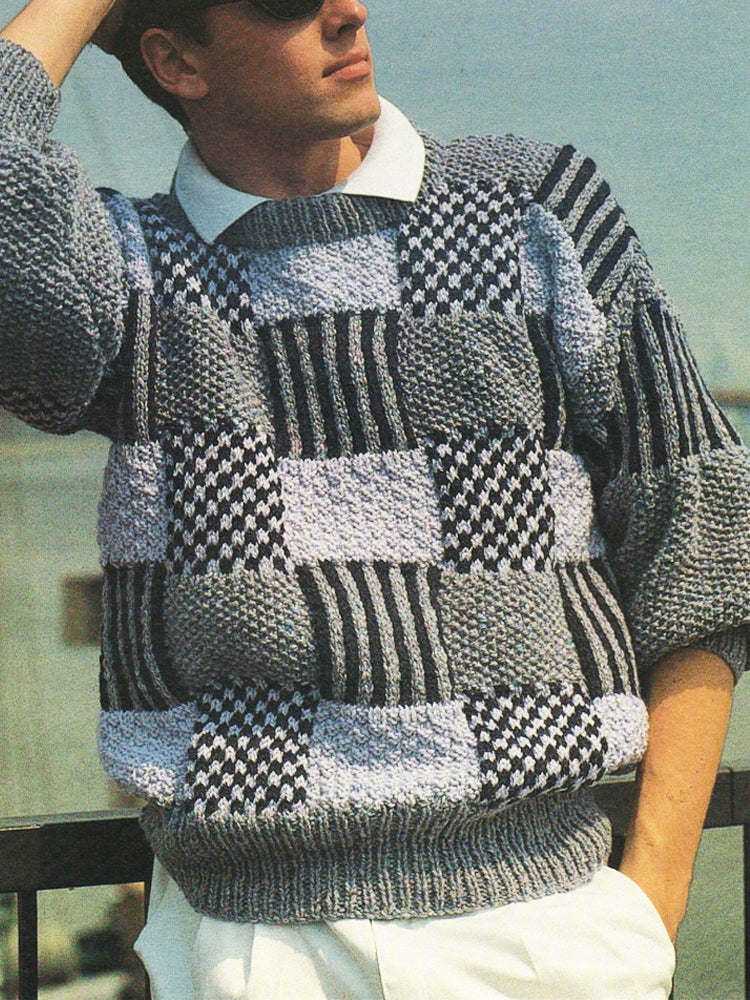 Vintage Plaid Patchwork Knit Men's Icelandic Sweater elevenforest