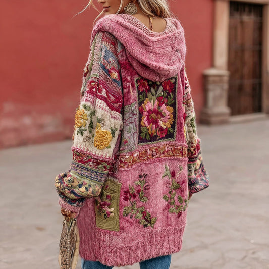 Women's Vintage Bohemian Floral Embroidery Patchwork Art Cozy Knit Hooded Sweater Cardigan elevenforest