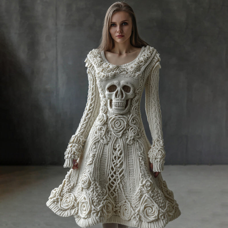 Vintage White Roses Skull Cozy Knit Sweater Dress elevenforest