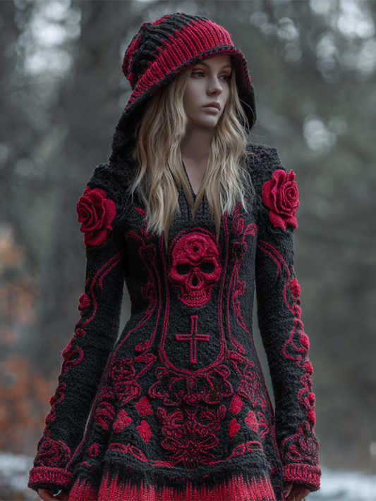 Halloween Viking Style Lady Hooded Knit Sweater Dress artswardrobe