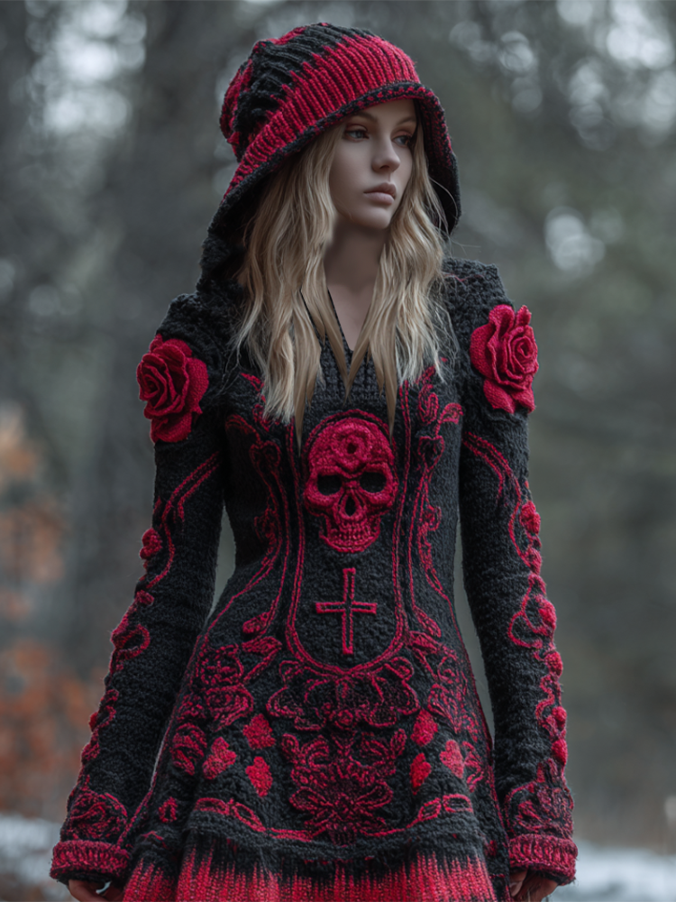 Halloween Viking Style Lady Hooded Knit Sweater Dress elevenforest