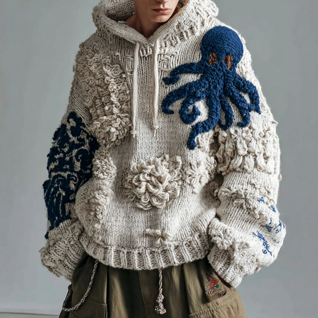 Men's Octopus Art Cozy Knit Hooded Sweater artswardrobe
