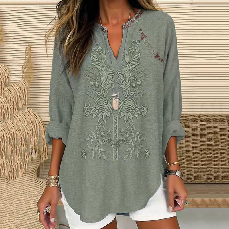 Comstylish Vintage Embroidered Floral V-neck Linen Blend Blouse