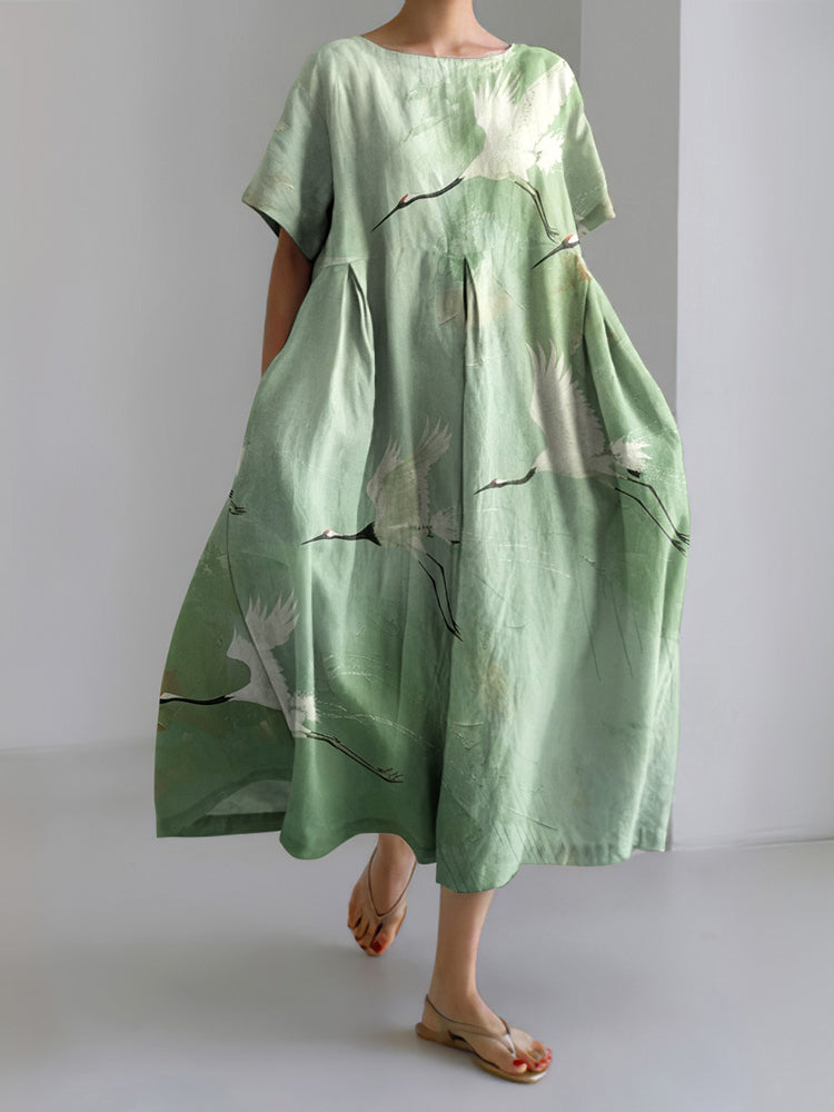 Casual Loose Bird Print Round Neck Short Sleeve Midi Dress