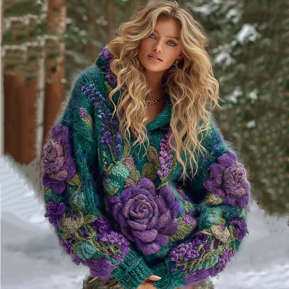 Women's Gradient Rose And Floral Knitted Warm Hooded Sweater artswardrobe