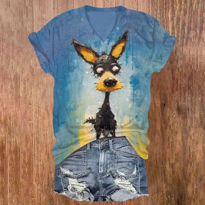 Comstylish Retro Cute Watercolor Dog Art Print T-Shirt