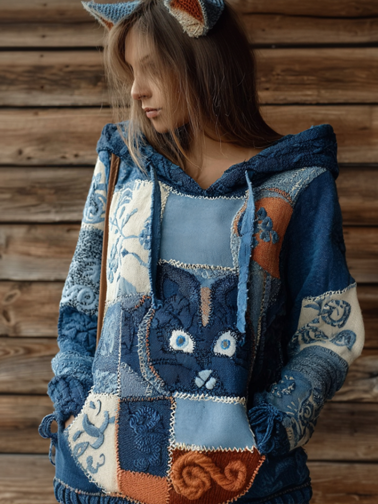 Japanese Art Style Cat And Plant Flower Pattern Embroidery Women's Mixed Color Hooded Sweatshirt artswardrobe