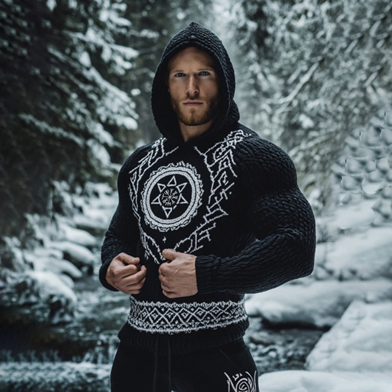 Men's Viking Tribal Jacquard Celtic Inspired Chunky Knit Hooded Sweater elevenforest