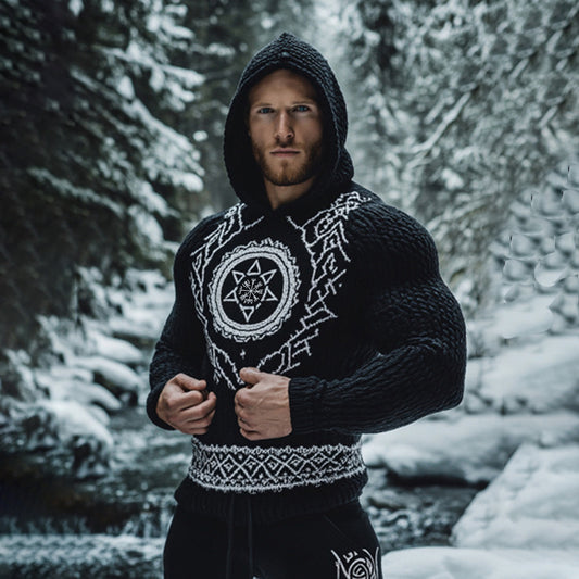 Men's Viking Tribal Jacquard Celtic Inspired Chunky Knit Hooded Sweater elevenforest