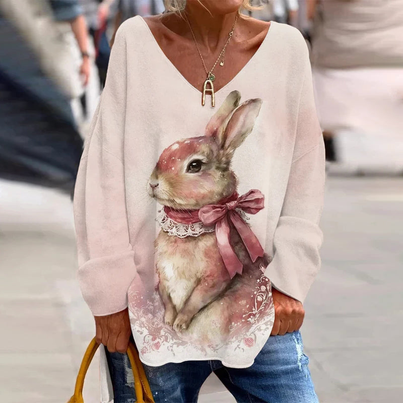 Women's Easter Cute Bunny Print V-Neck T-shirt artswardrobe