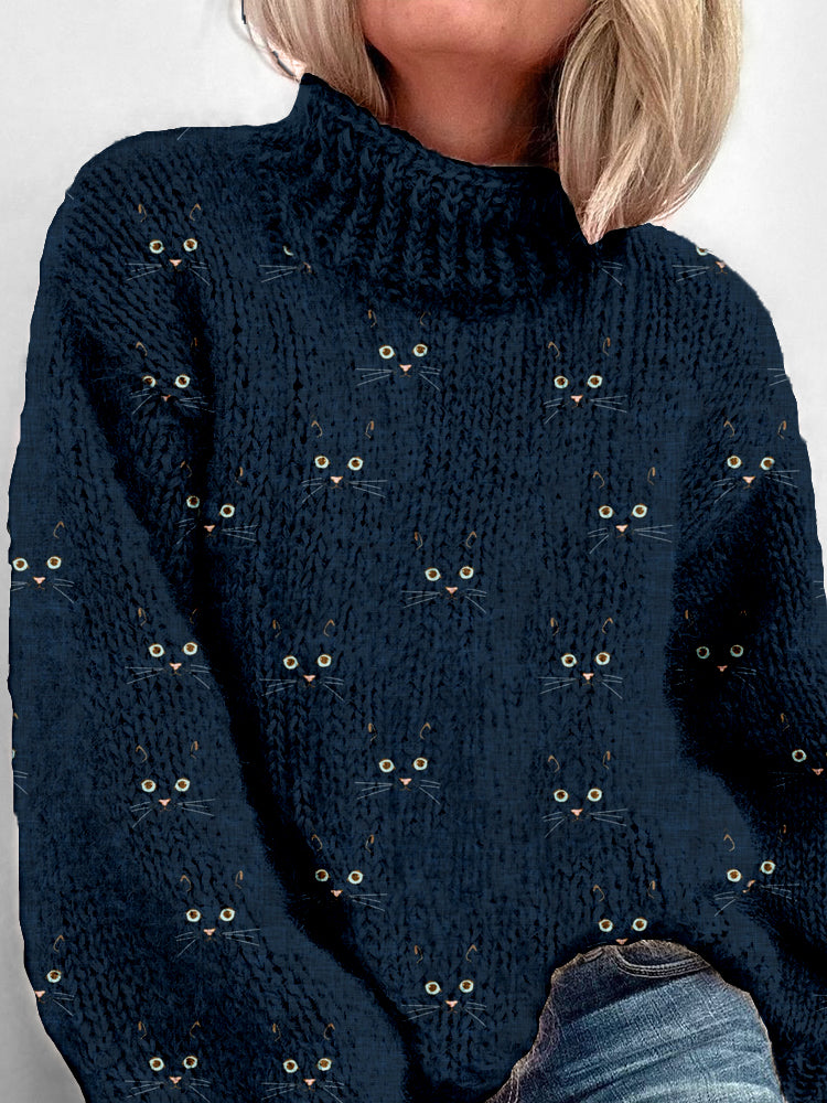 Comstylish Cute Cat Face Pattern Cozy Turtleneck Sweater