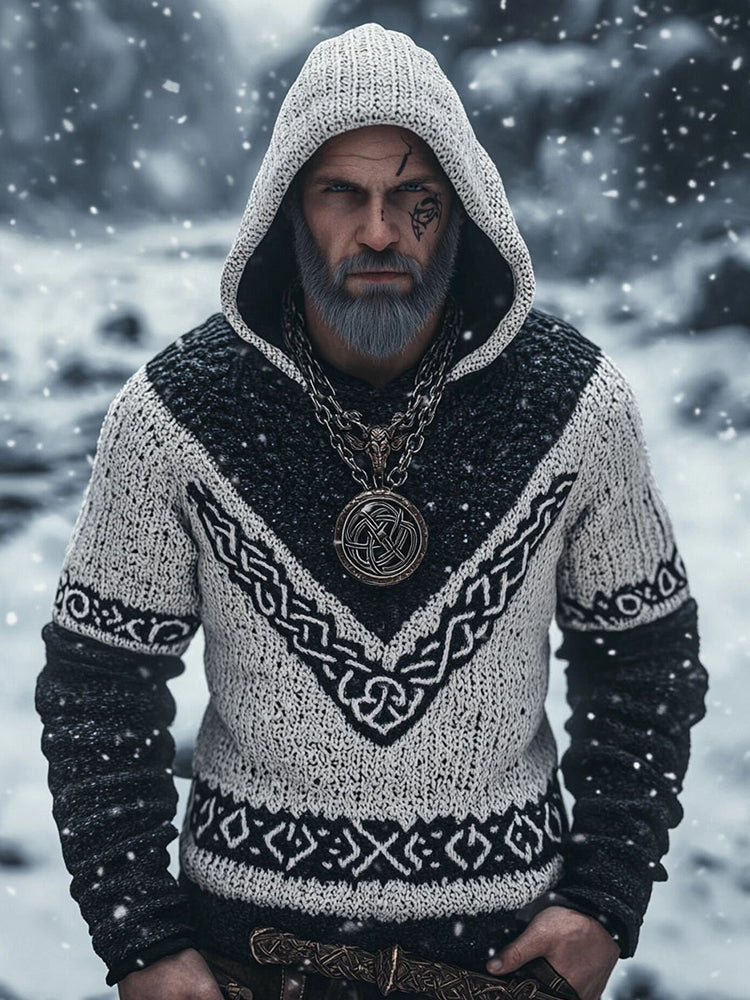 Men's Vintage Viking Contrast Color Cozy Knit Hooded Sweater elevenforest