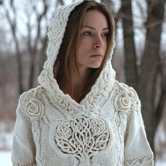 Viking Tree Of Life White Roses Celtic Cozy Knit Hooded Sweater artswardrobe