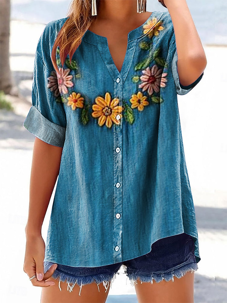 Women's Bohemian Floral Art Print Casual Cotton And Linen Shirt