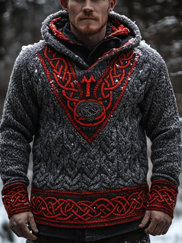 Men's Viking Inspired Celtic Jacquard Comfy Hooded Sweater elevenforest