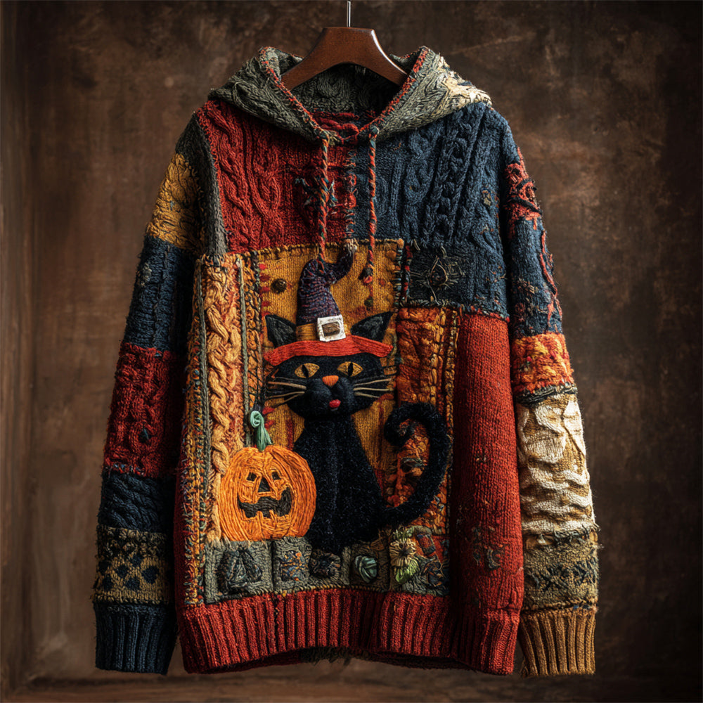 Halloween Black Cat With Hat & Pumpkin Patchwork Art Women's Knit Hooded Sweater artswardrobe