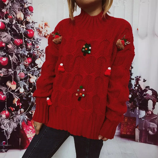 Monica® | Women's Christmas character patchwork turtleneck sweater