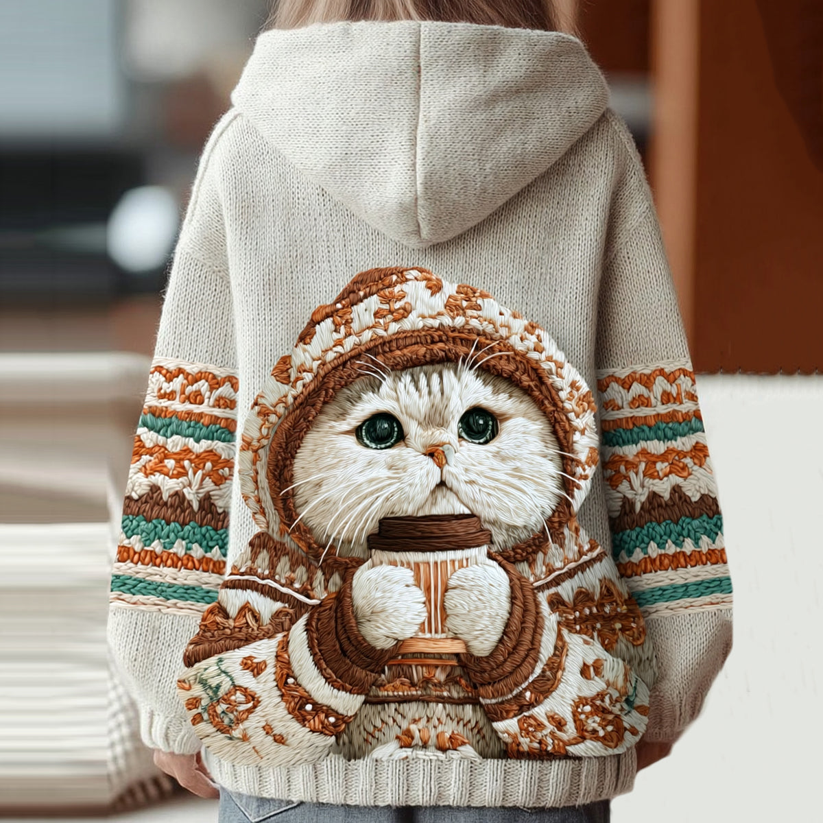 Comstylish Women's Cute Winter Cat Art Knitted Warm Zipped Hooded Sweater