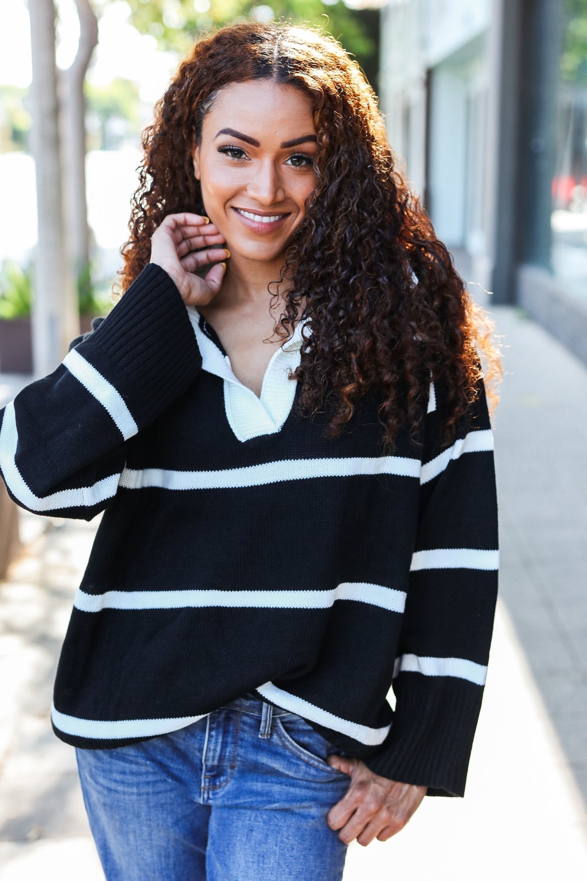 Katja® | Fall For You black stripe oversized notched collar sweater