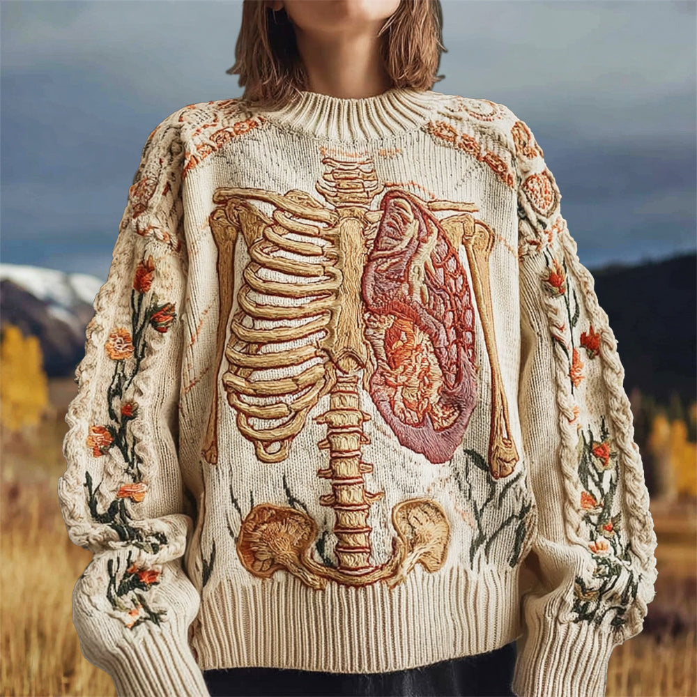 Vintage Anatomical Floral Embroidery Women's Knit Crew Neck Sweater artswardrobe