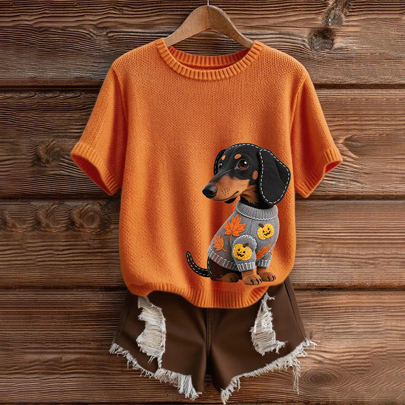 Classic Autumn Dachshund With Felt In Autumn Inspired Embroidered Short Sleeve Cozy Knit Sweater artswardrobe