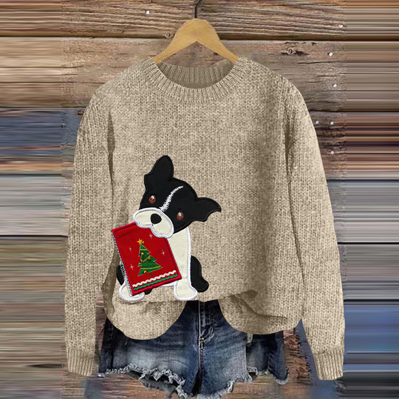 Comstylish Funny Christmas Tree Boston Terrier Applique Art Cozy Sweater
