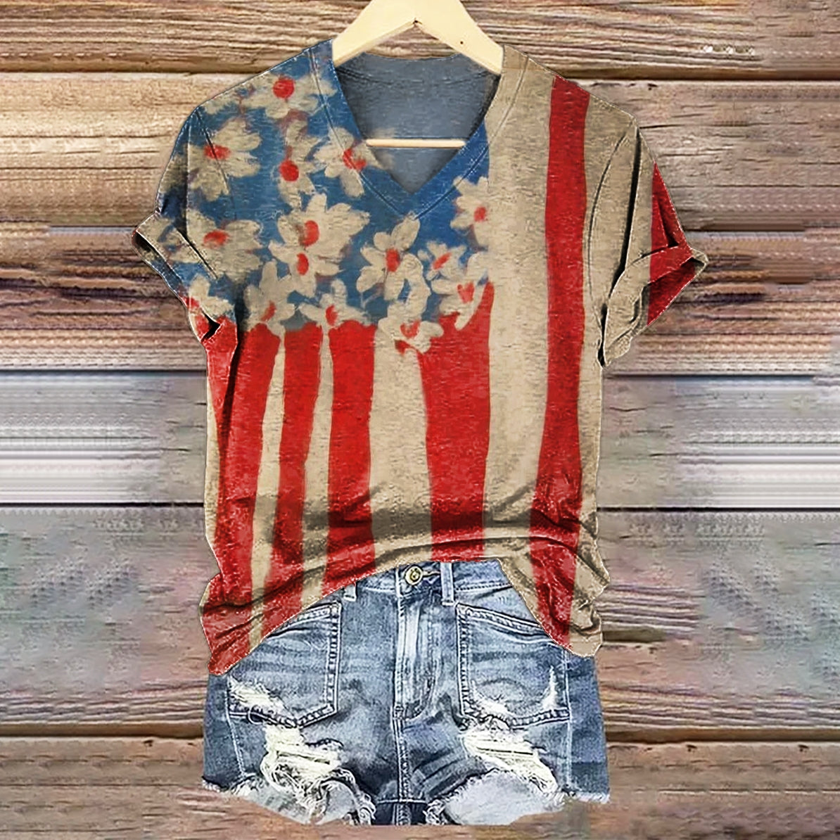 Women's Vintage American Flag Floral Art Pattern Print V-neck Casual T