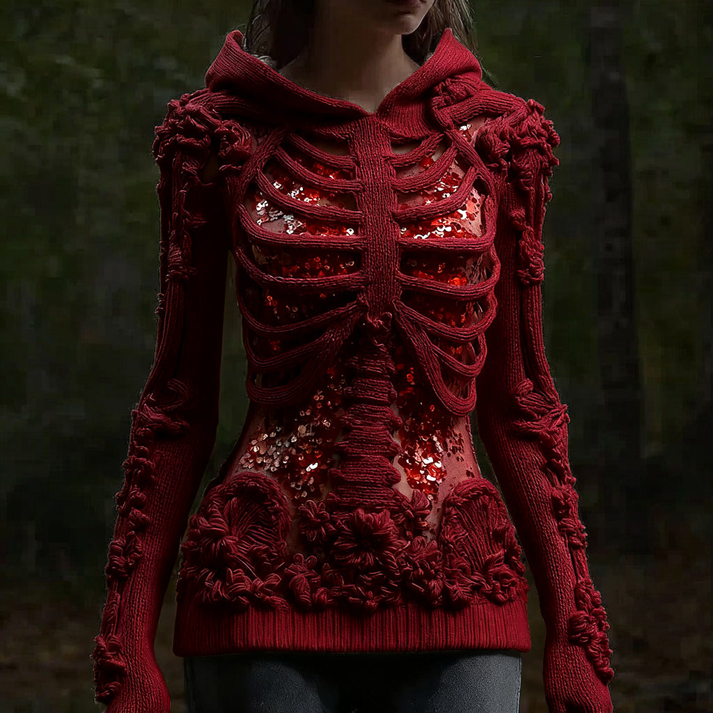 Halloween Skull Floral Knitted Warm Hooded Sweater artswardrobe