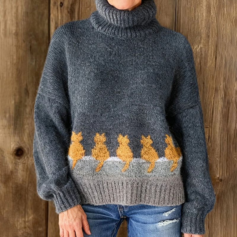 Comstylish Women's Cute Cats Print Knit Turtleneck Pullover Sweater