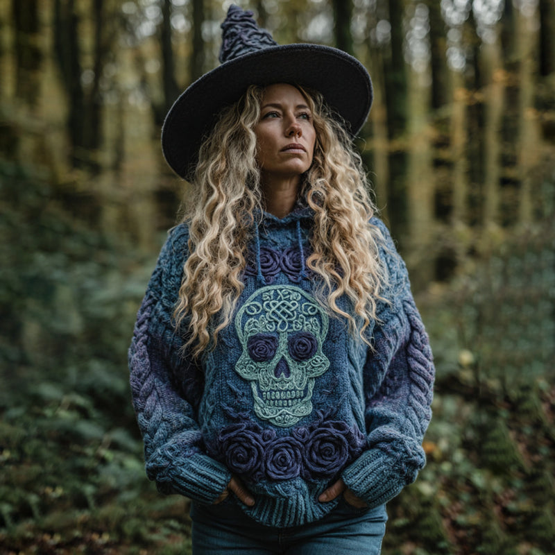 Women's Viking Tribal Jacquard Celtic With Rose And Skull Inspired Chunky Knit Hooded Sweater artswardrobe