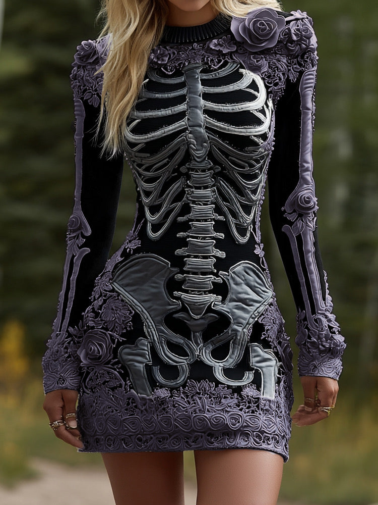 Women's Halloween Skeleton Bones Leather With Rose Pattern Art Hot Sexy Style Cozy Knit Mini Sweater Dress artswardrobe