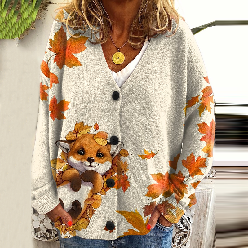 Vintage Falling Autumn Maple Leaves Cute Fox Casual Print Women's Cardigan Sweater artswardrobe