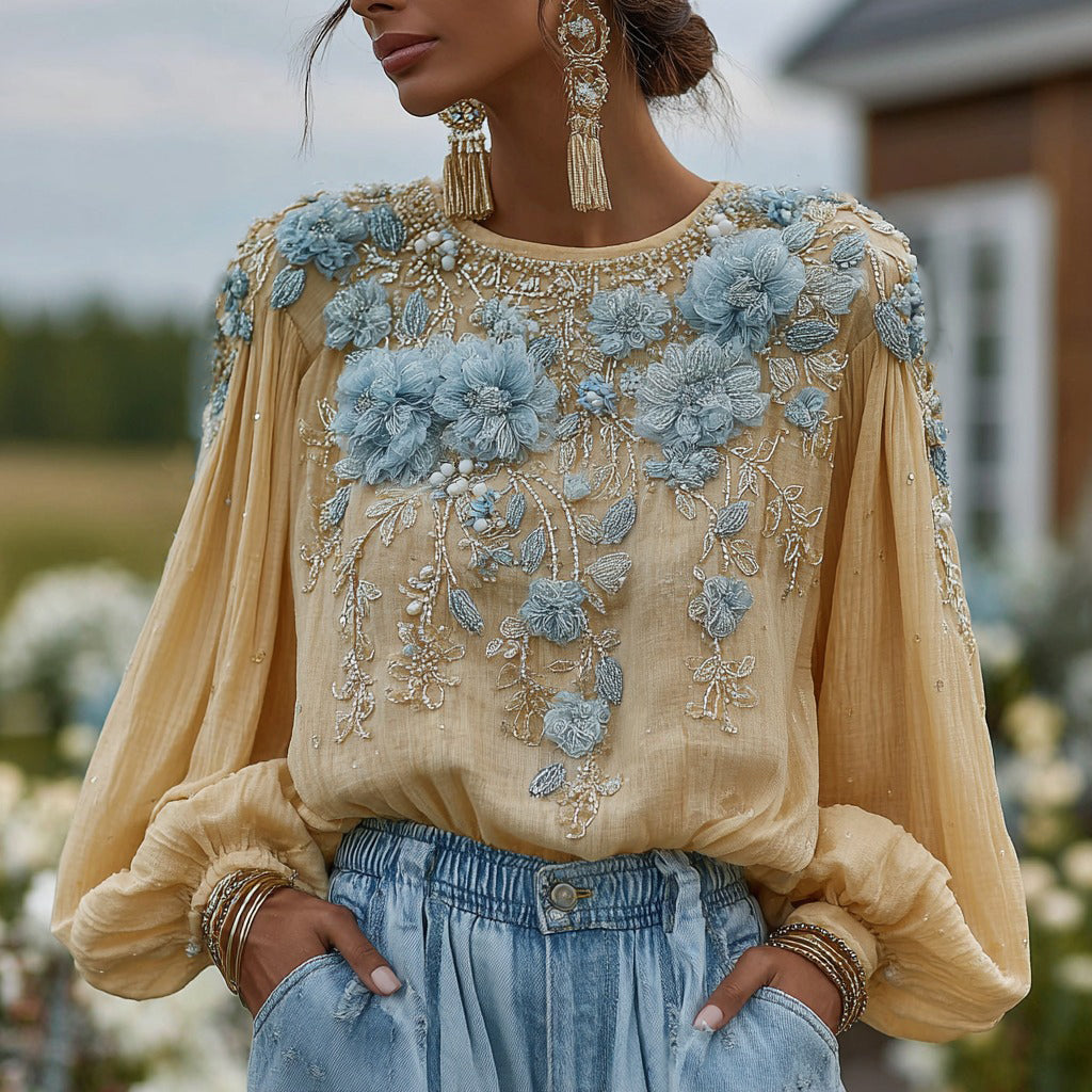 Comstylish Vintage Rose Floral Pattern Casual Linen Crew Neck Long Sleeve Shirt