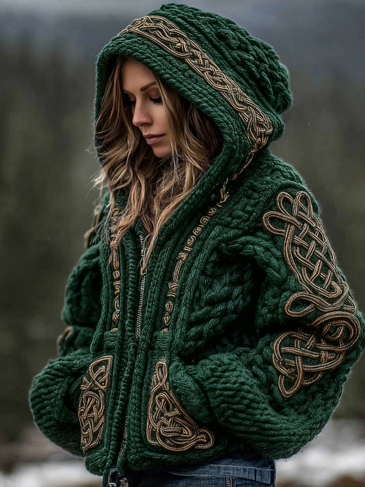 Women's Viking Celtic Knot Cozy Warm Knit Full Zip Hooded Sweater artswardrobe